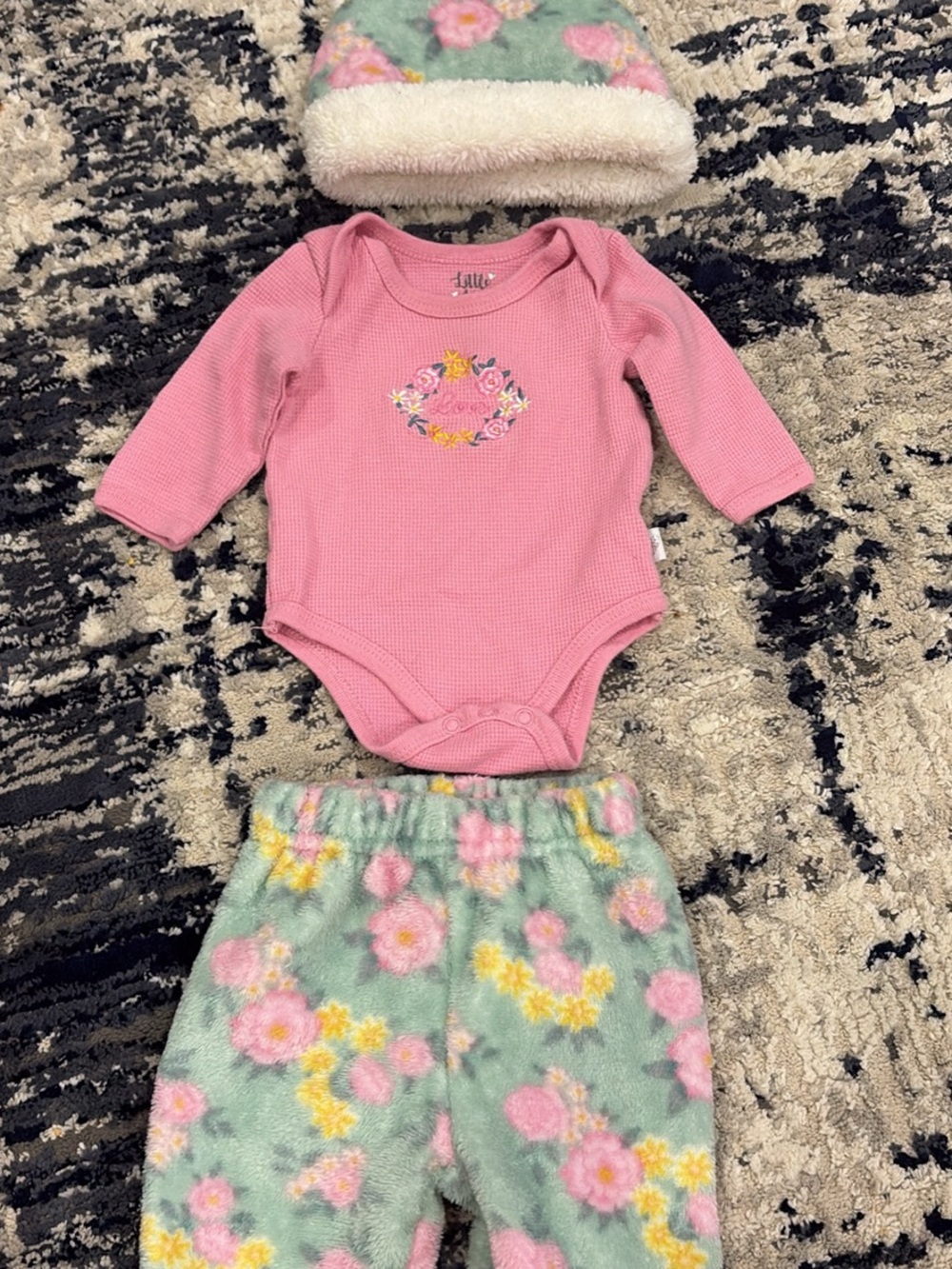 Pink Floral Long-Sleeve Baby Bodysuit with Mint Floral Pants Set